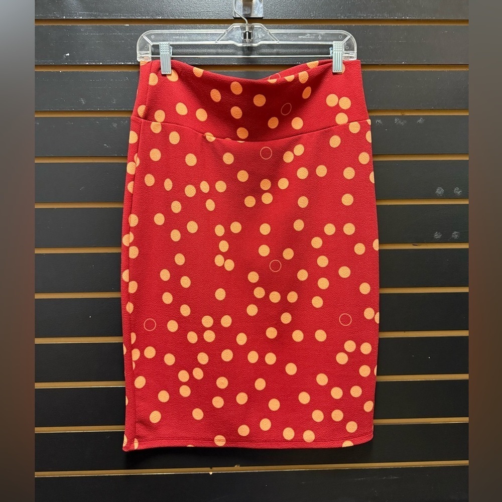 LuLaRoe Cassie Pencil Skirt Red Gold Polka Dot Size L Like New